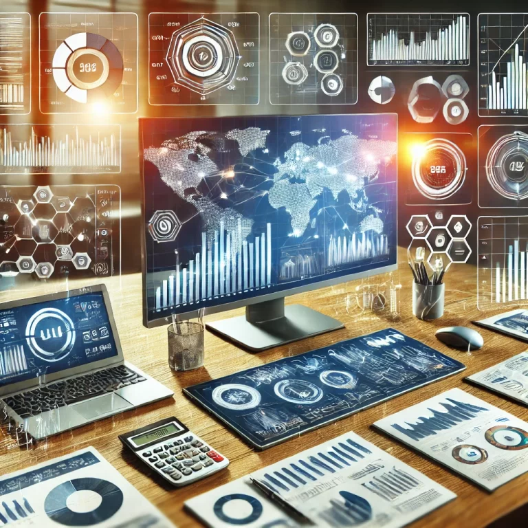 DALL·E 2025 09 01 16.39.37 A detailed and professional digital collage representing Analytics and Reporting by a Virtual Assistant. The image features a modern workspace with mu