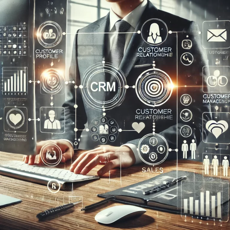 DALL·E 2025 09 01 16.40.02 A professional and organized digital collage representing Customer Relationship Management CRM by a Virtual Assistant. The image features a sleek wo