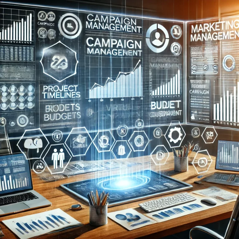 DALL·E 2025 09 01 16.41.33 A dynamic and organized digital collage representing Campaign Management by a Virtual Assistant. The image features a modern workspace with a large sc
