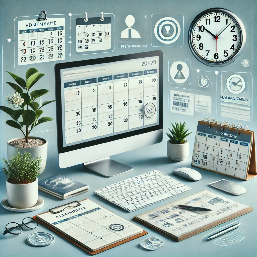 DALL·E 2025 09 01 16.42.13 A clean and organized digital collage representing Administrative Tasks by a Virtual Assistant. The image features a modern workspace with a calendar