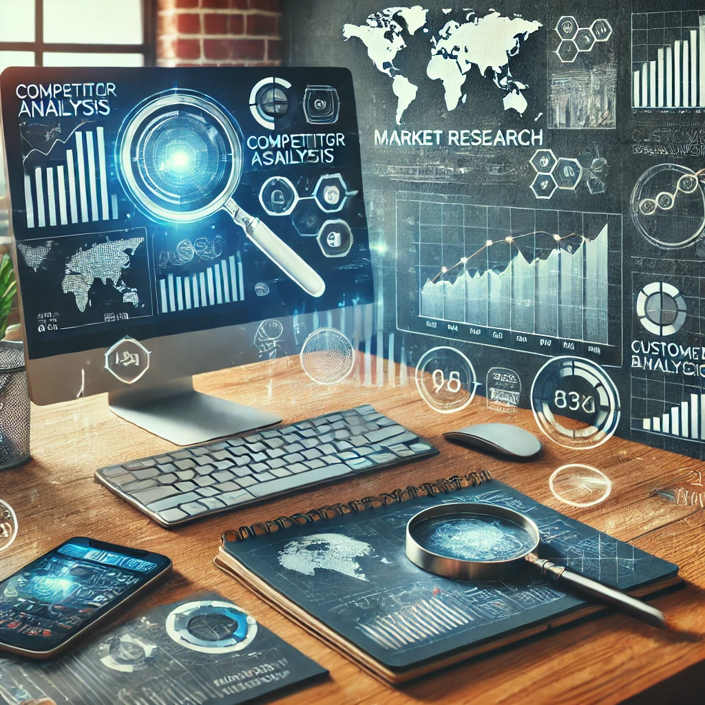 DALL·E 2025 09 01 16.42.41 A professional and insightful digital collage representing Market Research by a Virtual Assistant. The image features a modern workspace with a comput