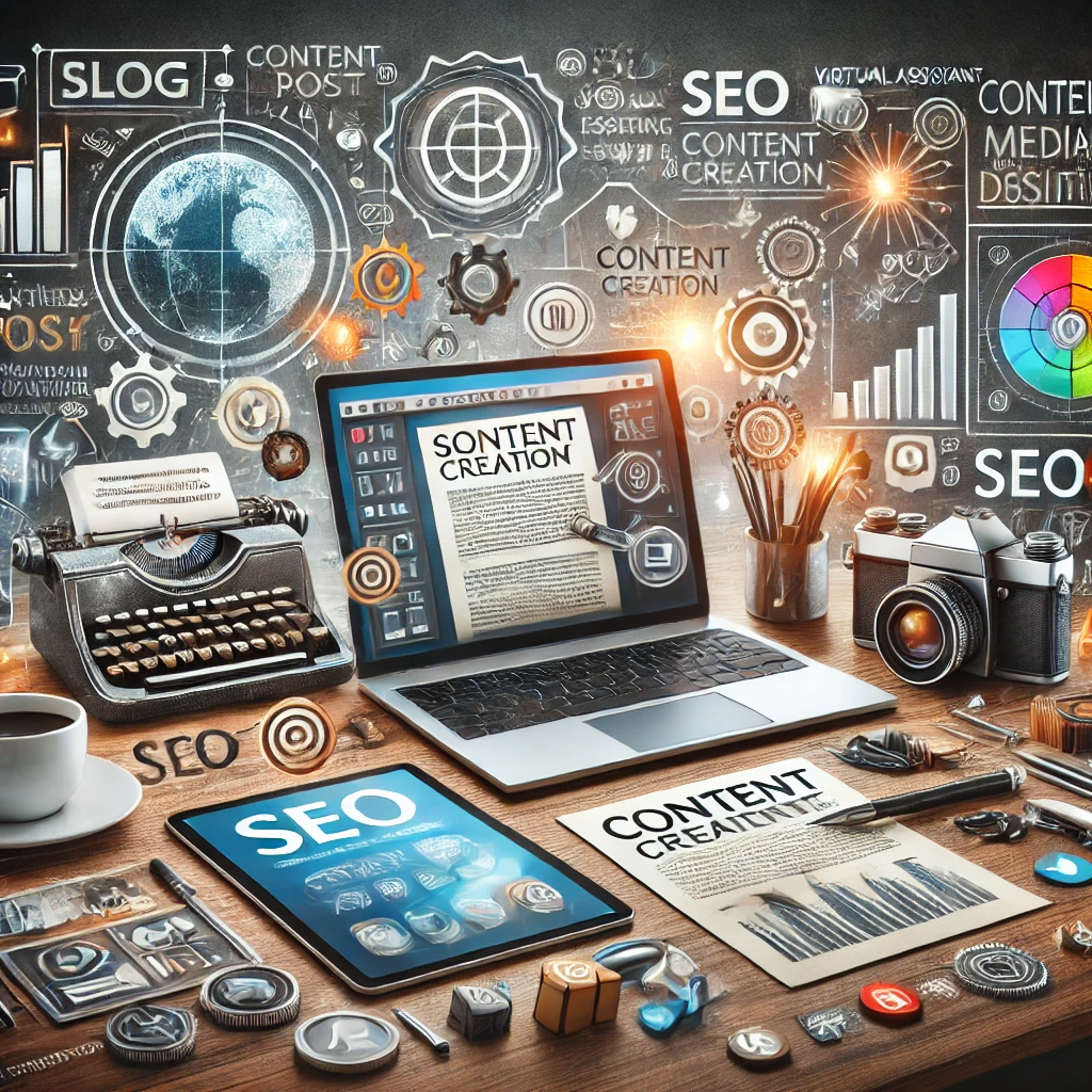 DALL·E 2025 09 01 16.47.37 A detailed and creative digital collage representing Content Creation by a Virtual Assistant. The image showcases a modern workspace with an open lapt