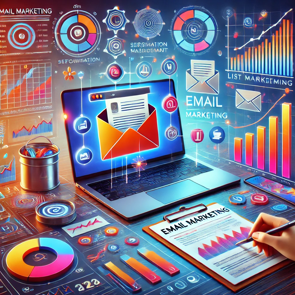 DALL·E 2025 09 01 16.48.01 A vibrant and modern digital collage representing Email Marketing by a Virtual Assistant. The image features elements such as an open laptop displayin