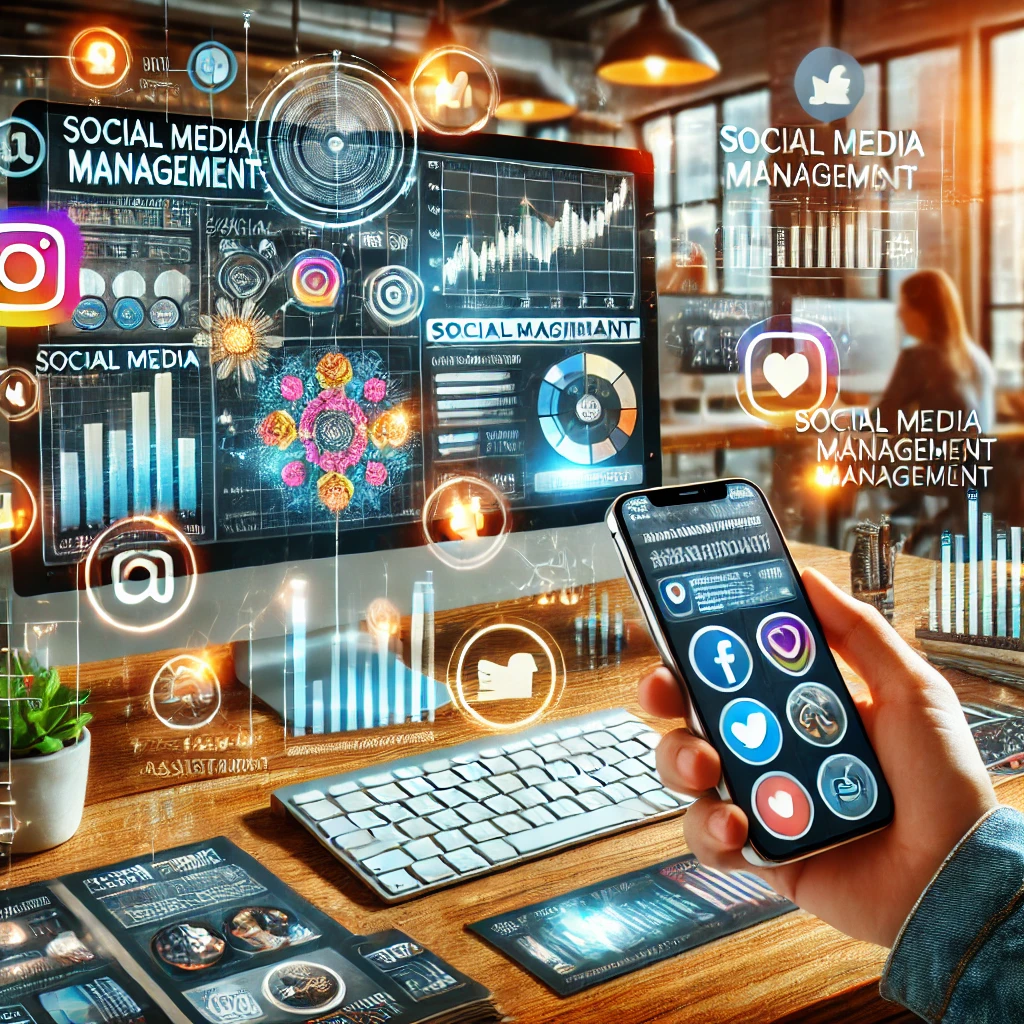 DALL·E 2025 09 01 16.48.24 A digital collage showcasing various aspects of Social Media Management by a Virtual Assistant. The image features a modern workspace with a computer