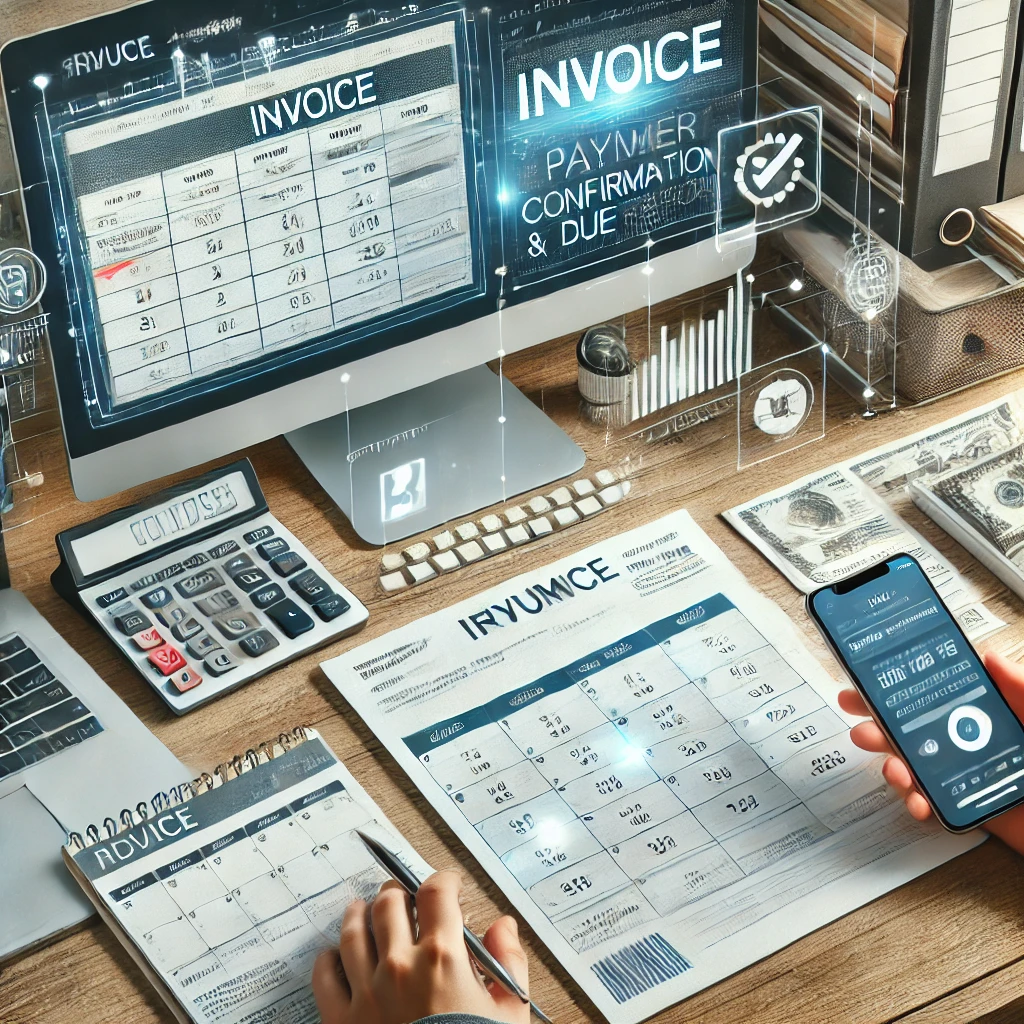 DALL·E 2025 09 01 16.52.48 A detailed and professional image representing the process of invoicing and payments. The image should feature elements such as a computer screen disp