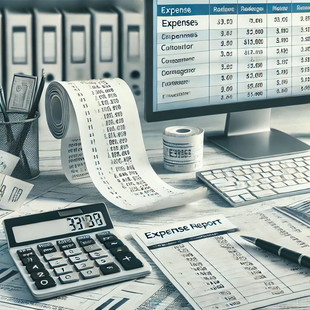 DALL·E 2025 09 01 16.53.41 A detailed and professional image representing expense management in a modern workspace. The image should include a close up of a computer screen disp