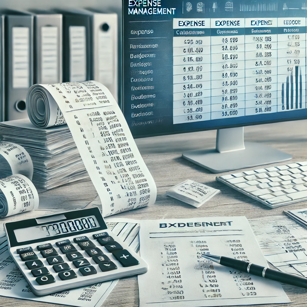 DALL·E 2025 09 01 16.54.35 A detailed and professional image representing expense management in a modern workspace. The image should include a close up of a computer screen disp